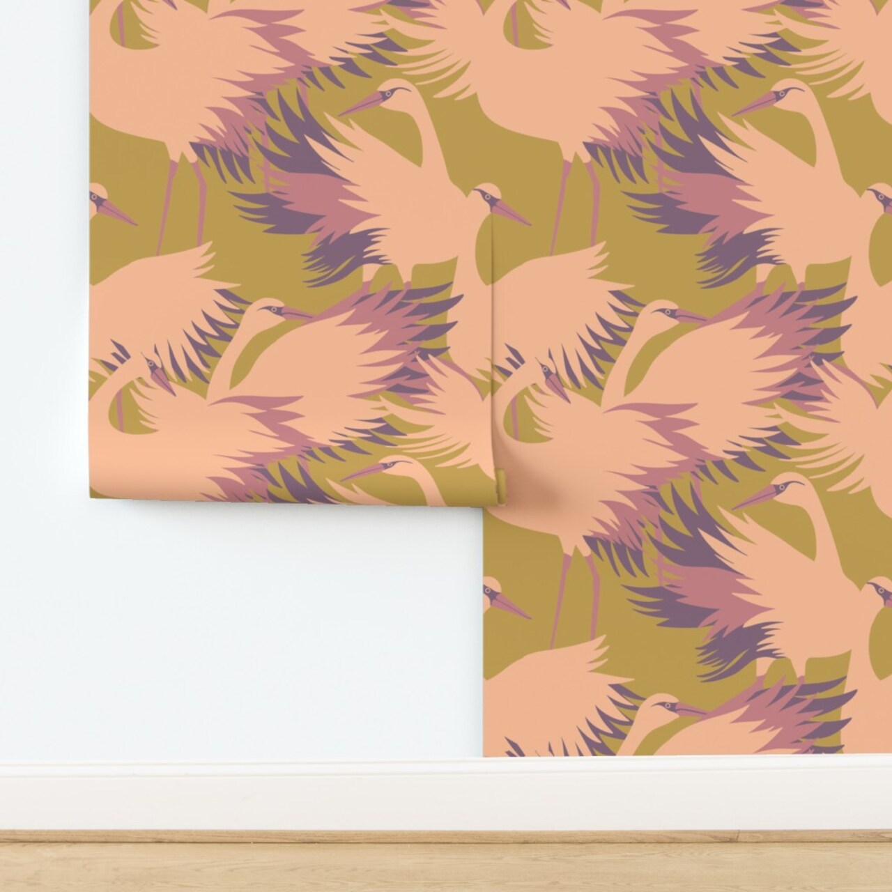 Peach Birds Purple Olive Green Aurora Coastal Tropicala Custom Removable Wallpaper by Spoonflower Peel & Stick Wallpaper 2FT Wide